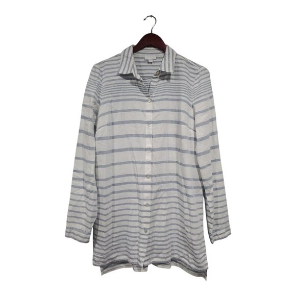 J. Jill Women's Button Front Top White Gray Striped Tunic Long-sleeved Sz S Tall - Picture 1 of 15